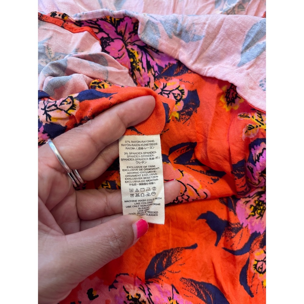 Free People Floral Sun Dress Orange Pink Mini Ruched Smocked Back Size L - Picture 5 of 5